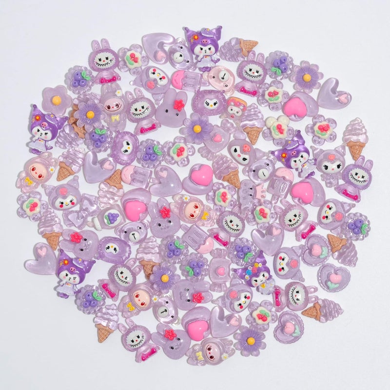 Decoden Charms 100PCS Mixed Kawaii Flatback Resin Charms for Crafts, Cabochon for DIY Projects, Slime Charm, Resin Art, Scrapbooking, Phone Case & Accessories (Purple) - Image 2